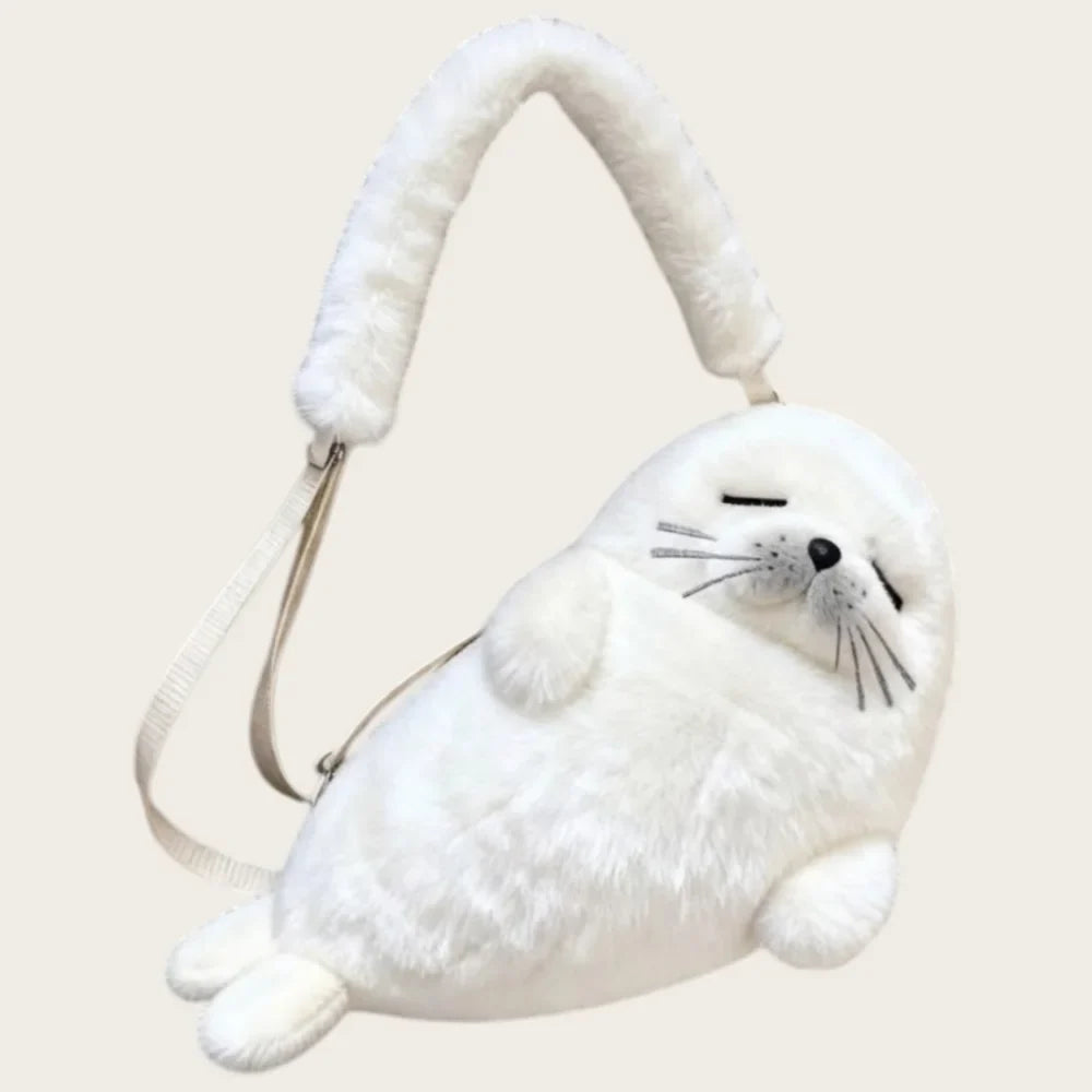 Cute Seal Plush Shoulder Bag - Soft Fluffy Cartoon Crossbody Phone Bag with Adjustable Strap