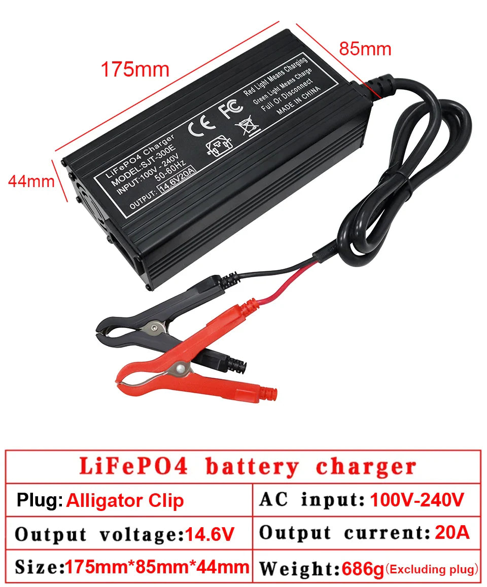 VariCore 14.6V 20A Smart LiFePO4 Battery Charger — 110-220V High-Power 4S 12V Charger for Lithium Iron Phosphate Packs