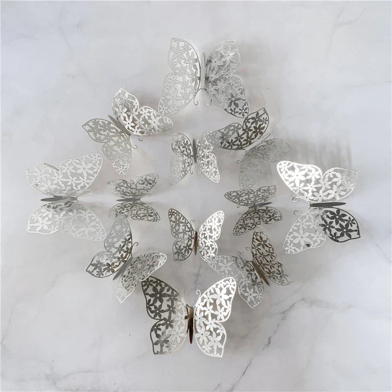 12PCS 3D Hollow Butterfly Wall Stickers – Gold, Silver & Rose Decorative Decals for Wedding, Living Room & Home Decor