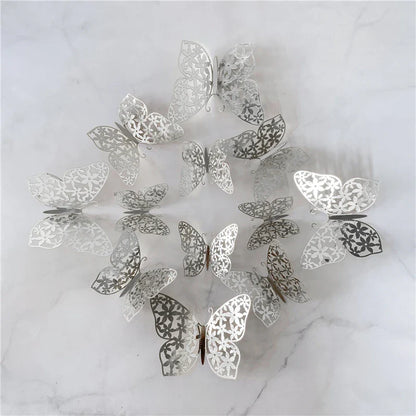 12PCS 3D Hollow Butterfly Wall Stickers – Gold, Silver & Rose Decorative Decals for Wedding, Living Room & Home Decor