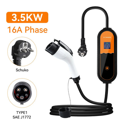 3.5KW Type 2 Portable EV Charger – Adjustable 8A-16A 1-Phase EU Plug for Electric Vehicles