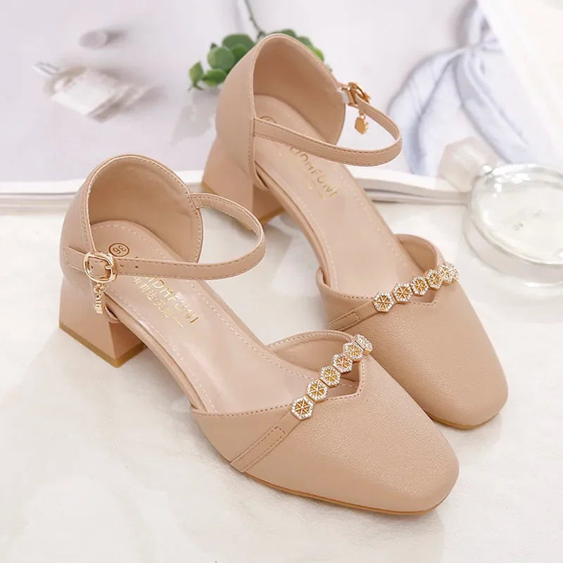 Women’s Elegant White Pearl Buckle Pumps — Square Heel Office & Leisure Shoes