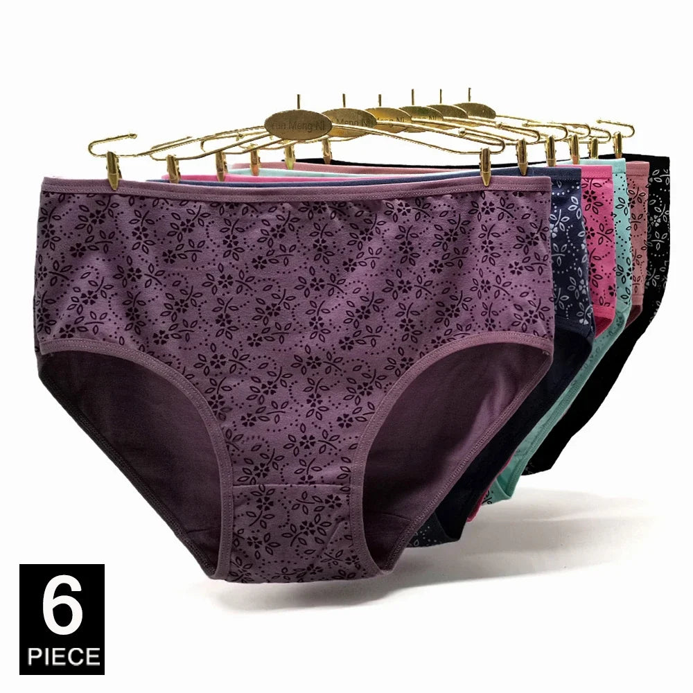 Women’s Cotton Briefs Set - Sexy Print Mid-Rise Plus Size Panties 2XL-4XL Soft Breathable Underwear 6Pcs