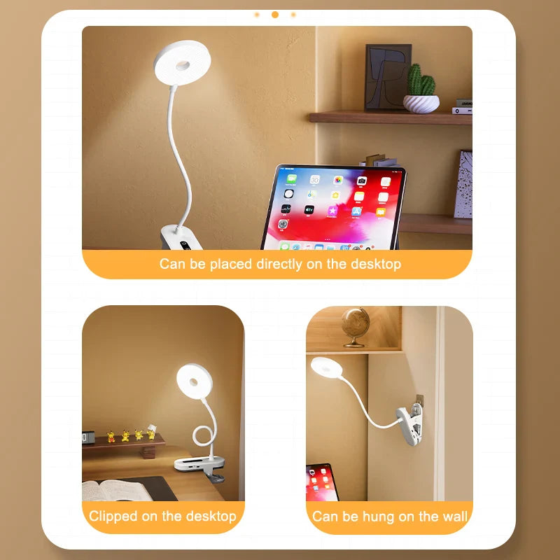 Clip-On LED Desk Lamp – Portable Book Light with Stepless Dimming, 1200mAh Eye Protection for Reading & Study