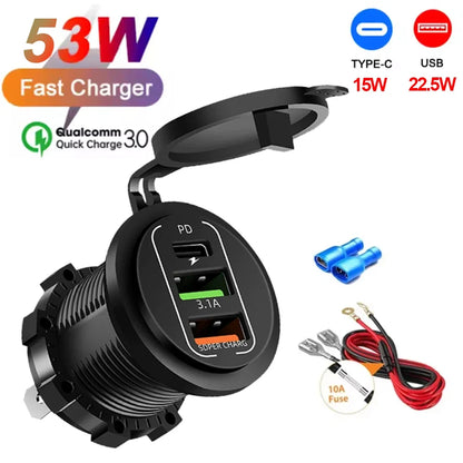 117W Dual USB Car Charger - PD & QC3.0 Fast Charging Adapter with Voltmeter Waterproof Socket for 12V/24V Vehicles
