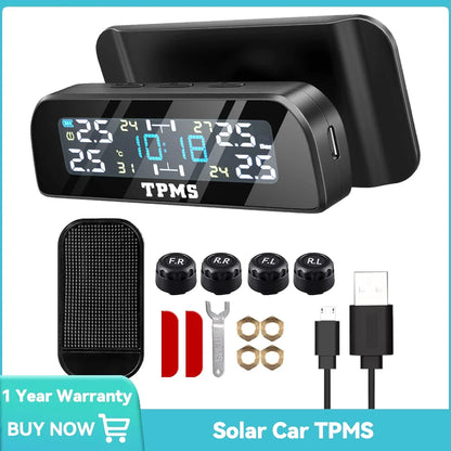 Solar Car TPMS Tire Pressure Monitoring System – 4 External Sensors with Temperature Alarm for Tyre Safety