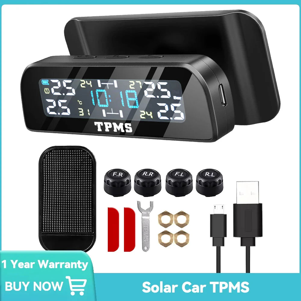 Solar TPMS Tire Pressure Monitoring System – 4-Wheel External Sensors with Temperature Alarm for Car Tyre Safety