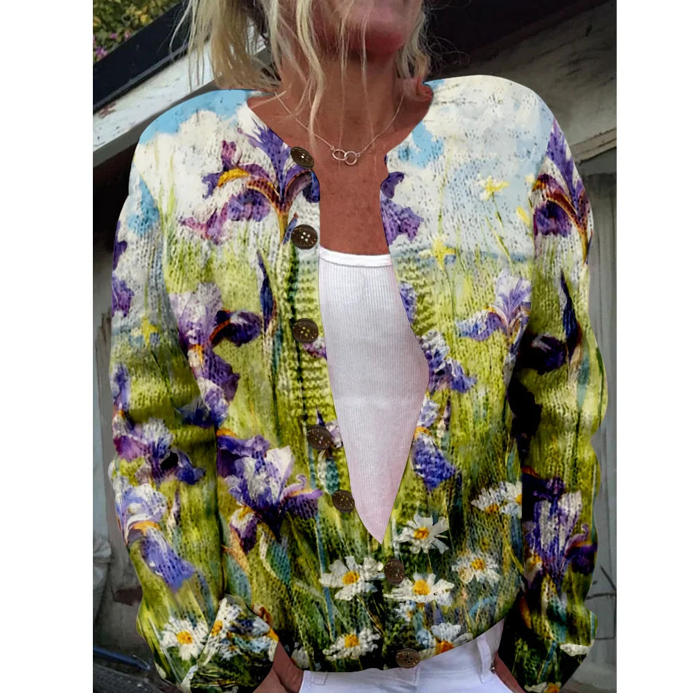 Women’s 3D Print Knitted Cardigan – Thin Vintage Sweater Autumn Winter Chic Knit Top Casual Streetwear