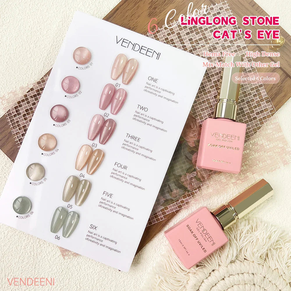 Vendeeni 6-Color Magnetic Cat Eye Gel Nail Polish Set – Pink UV LED Soak-Off Gel with Crystal Effect & Display