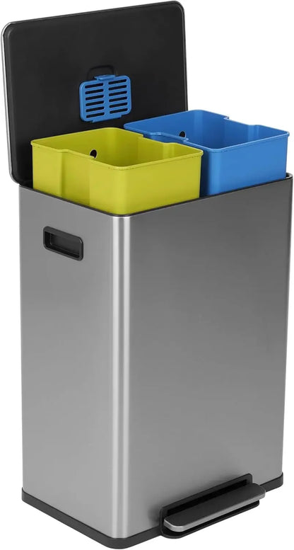 60L / 16G Dual Compartment Kitchen Trash Can – Hands-Free Step Bin with Soft-Close Lid