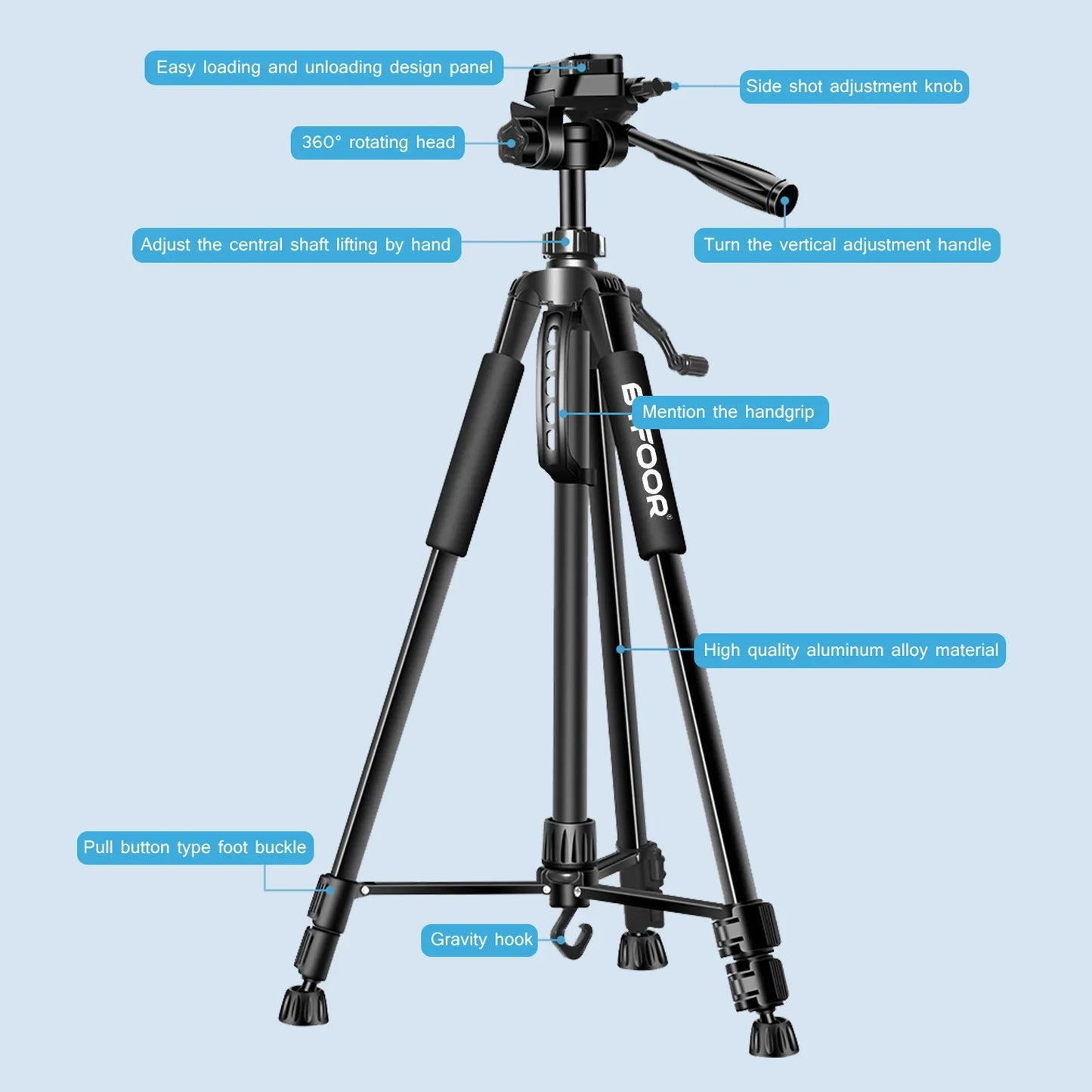 55" Aluminum Phone & Camera Tripod — Travel Self-Stand with Quick Plate Mount & Pan Head for Canon, Nikon DSLR & SLR Cameras