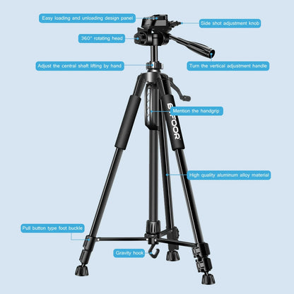 55" Aluminum Phone & Camera Tripod — Travel Self-Stand with Quick Plate Mount & Pan Head for Canon, Nikon DSLR & SLR Cameras