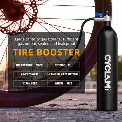 CYCLAMI 1.2L Aluminum Alloy MTB Road Tire Inflator – Valve Gas Cylinder for Tubeless 29" Bike Tires