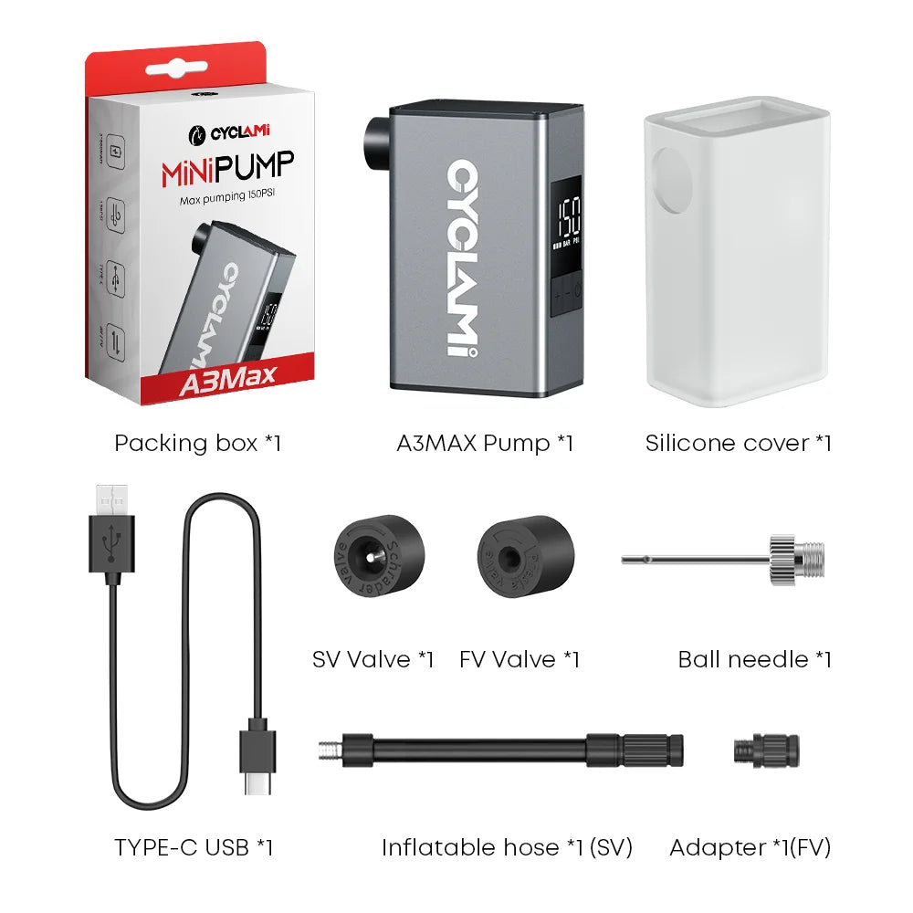 CYCLAMI A3 MAX Aluminum Electric Bike Pump — 150 PSI Portable Rechargeable Tire Inflator for Schrader & Presta Valves