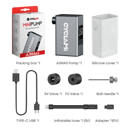CYCLAMI A3 MAX Aluminum Electric Bike Pump — 150 PSI Portable Rechargeable Tire Inflator for Schrader & Presta Valves