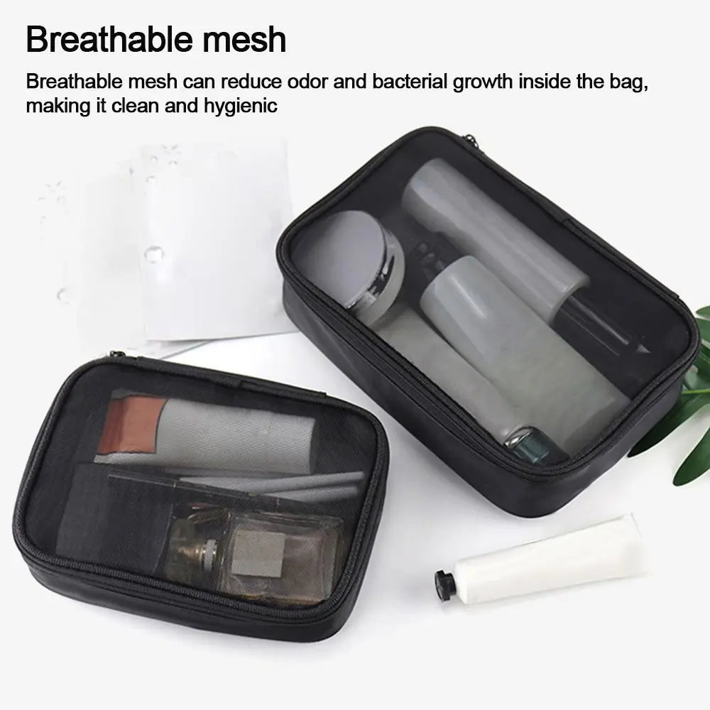 Women’s Solid Color Makeup Bag – Mesh Transparent Zipper Cosmetic Pouch, Portable Mini Wash Storage for Travel