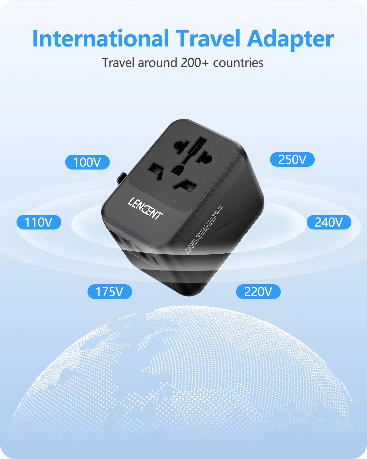 LENCENT Universal Travel Adapter with 3 USB Ports & Type-C PD Charging - EU/UK/USA/AUS Plug, All-in-One Travel Charger
