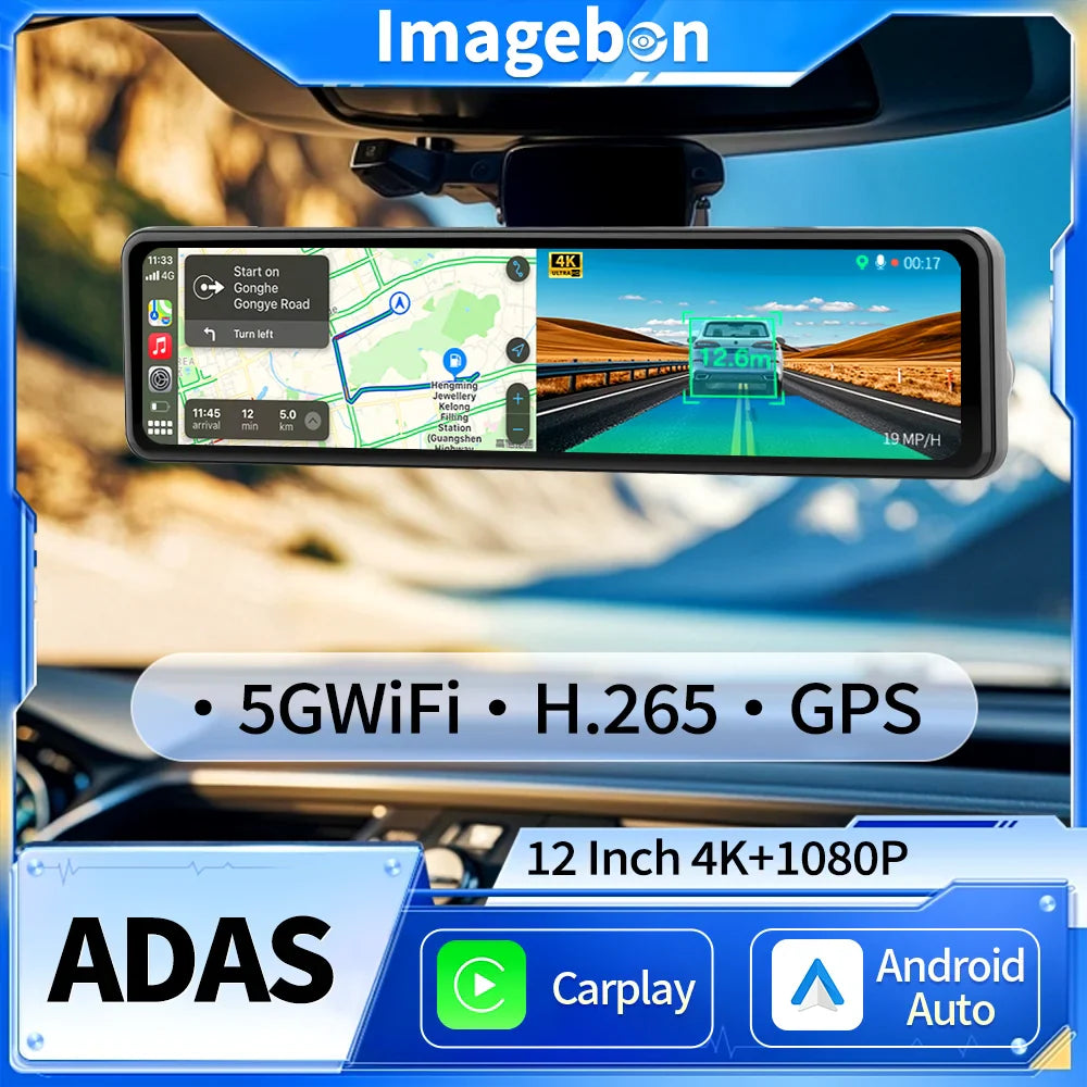 Imagebon 12" 4K Car Mirror – Wireless CarPlay, Android Auto, ADAS, Rearview Camera, GPS, FM, Night Vision Video Recorder