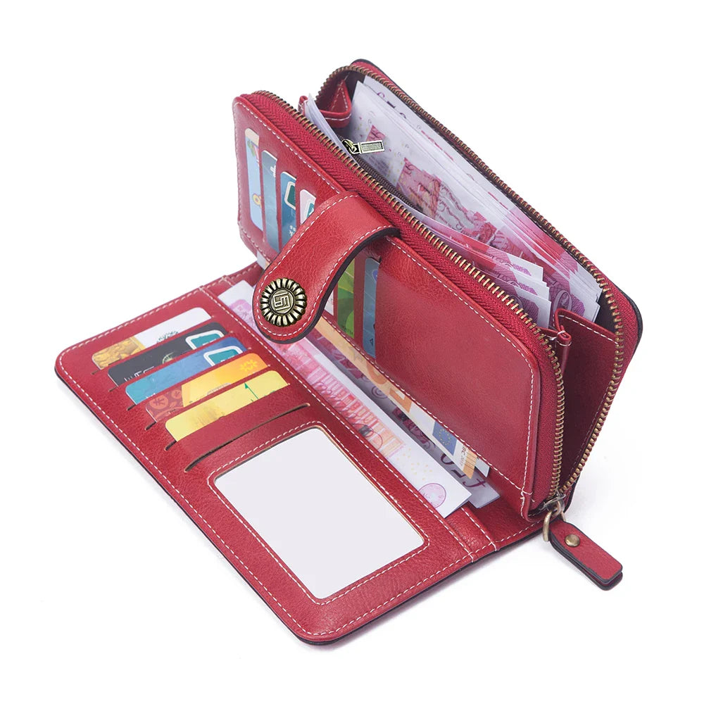 Vintage Large Capacity Women's Purse – Monochromatic Multi-Card Long Wallet with Zipper & Wrist Strap