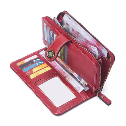 Vintage Large Capacity Women's Purse – Monochromatic Multi-Card Long Wallet with Zipper & Wrist Strap