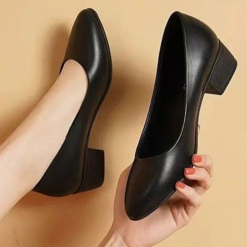 2025 Women’s Low-Heel Black Leather Pumps – Comfortable Slip-On Formal & Commuter Shoes
