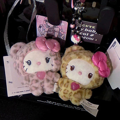 Sanrio Leopard Print Bear Hello Kitty Keychain – Plush Doll Pendant, Cartoon Kitty Cat Bag Decoration, Perfect Gift