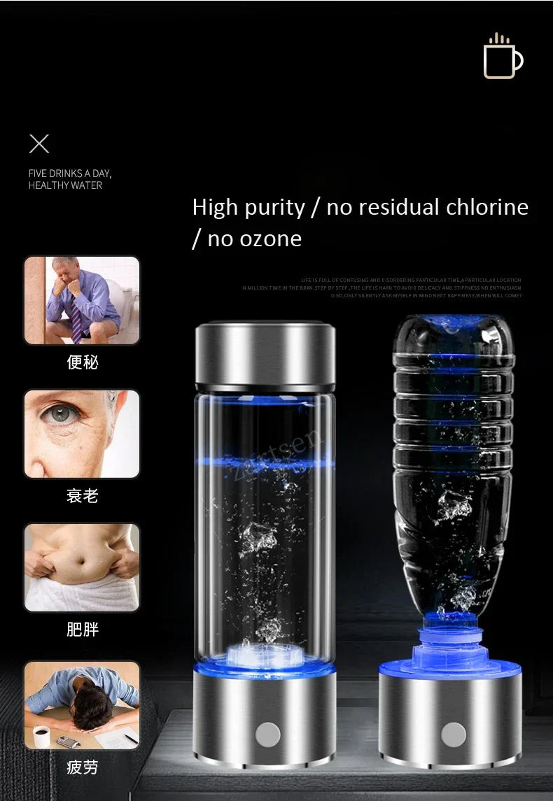 SPE/PEM Portable Hydrogen Water Generator – Alkaline Ionizer Bottle for Pure H2 Rich Electrolyzed Drinking Water