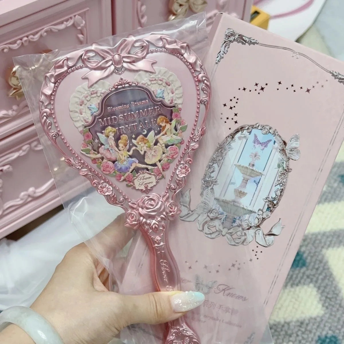 Flower Knows Angel Series Handheld Mirror – White, Black & Pink Compact Mirror