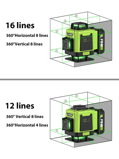 LFINE 3D/4D Laser Level — 12/16 Line Horizontal & Vertical Self-Leveling 360° Laser with Remote Control (8 Lines)
