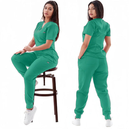 Multicolor Jogger Suit Nurse Scrubs Set - Medical Clinical Clothes with Short Sleeve V-Neck Tops and Pocket Pants, Doctor Nursing Uniforms