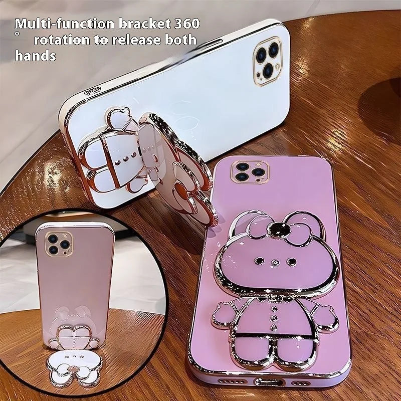 Cute Rabbit Foldable Mobile Phone Stand – 360° Rotating Desktop Holder with Sticky Back for Makeup & Phone Support