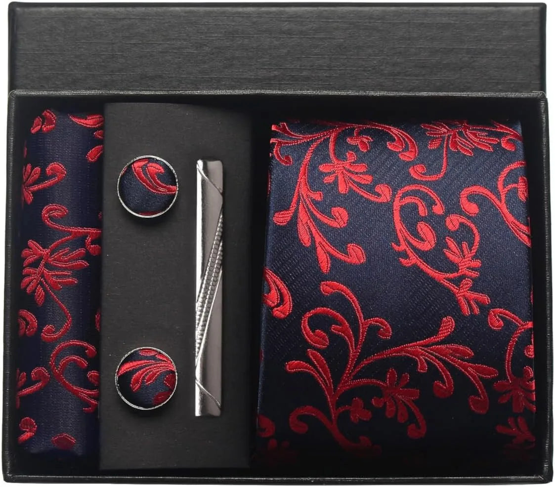100% Silk Paisley Floral Necktie Set for Men - Premium Business Tie with Pocket Square Tie Clip Cufflinks Gift Box