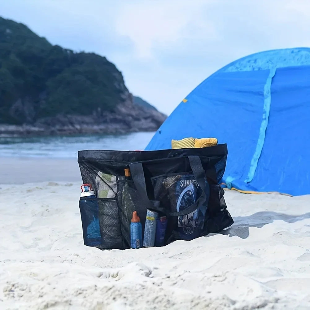 Extra Large Mesh Beach Bag - Breathable Tote with Zipper & Side Pockets, Portable Large Capacity Organizer Bag