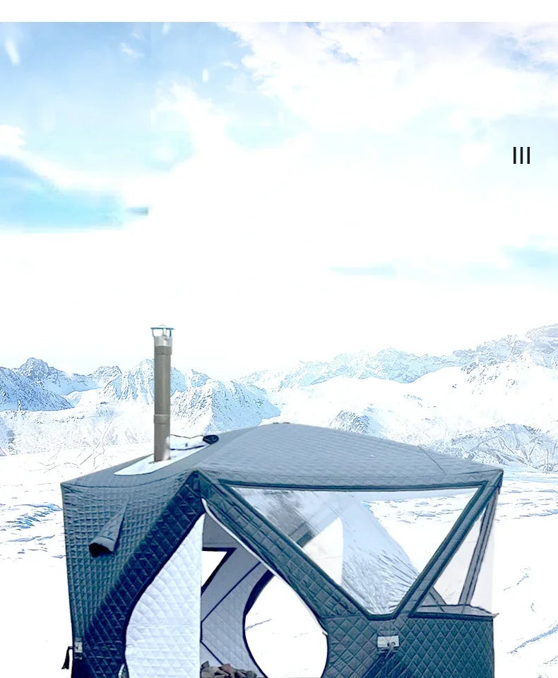 Outdoor 3-4 Person 4-Season Sauna House – Thickened Winter Ice Fishing Tent with Large Window & Chimney Mouth, Quick Open & Portable