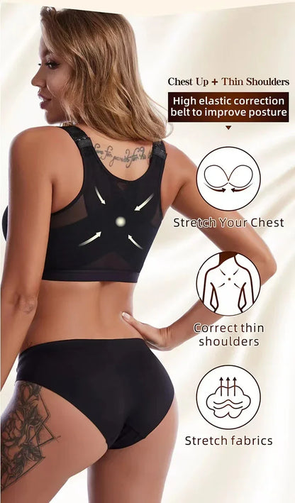 S-5XL Front Closure Posture Corrector Bra – Lift-Up Push-Up Sports Bra with Cross Back for Women, Shockproof Support