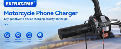 Extractme QC3.0 30W USB Fast Charger – Waterproof Motorcycle Handlebar Mount for Bikes & Cameras