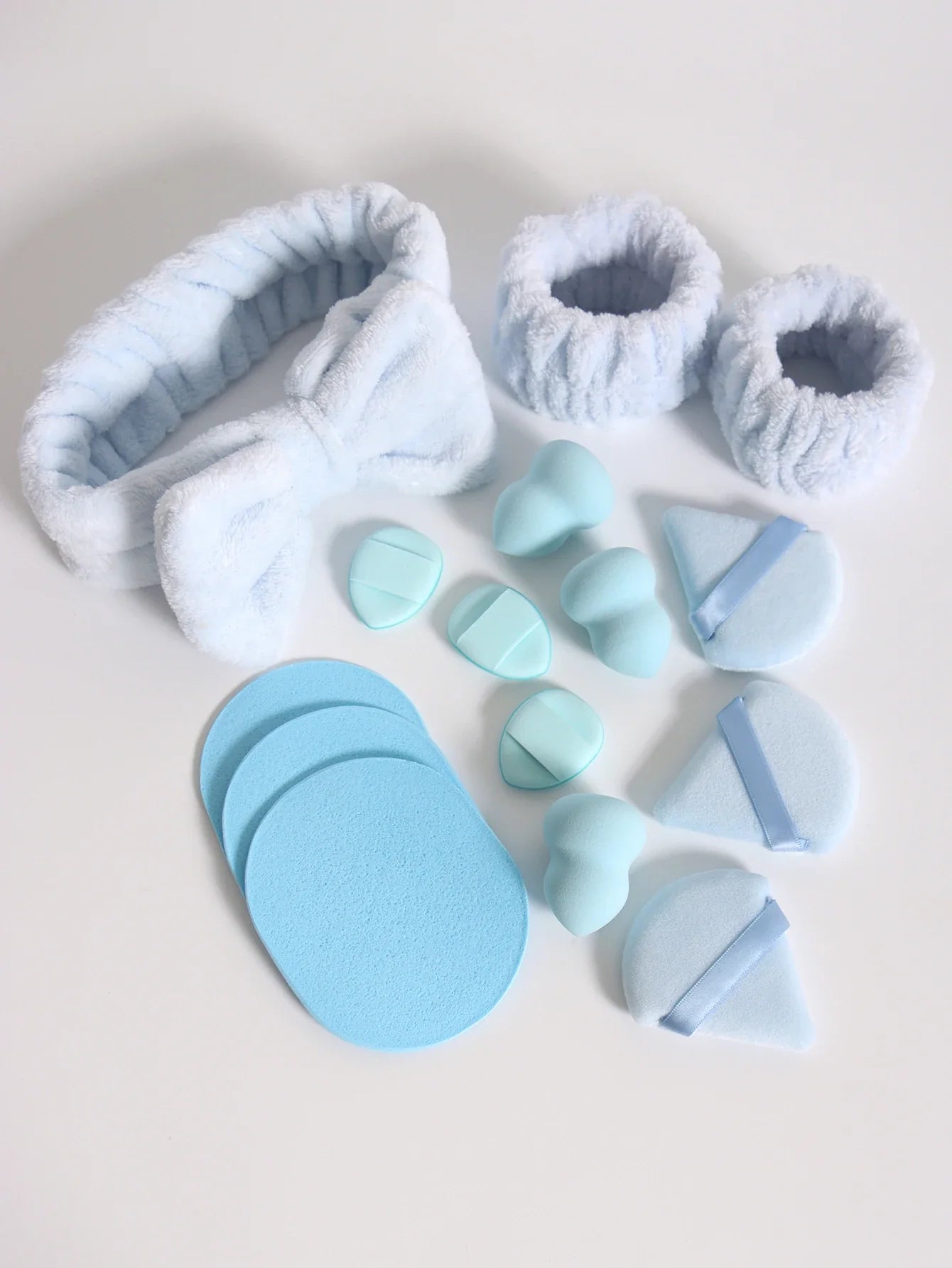 15Pcs Multi-Colored Fluffy Headband & Makeup Sponge Set - Sweet Style Beauty Essentials