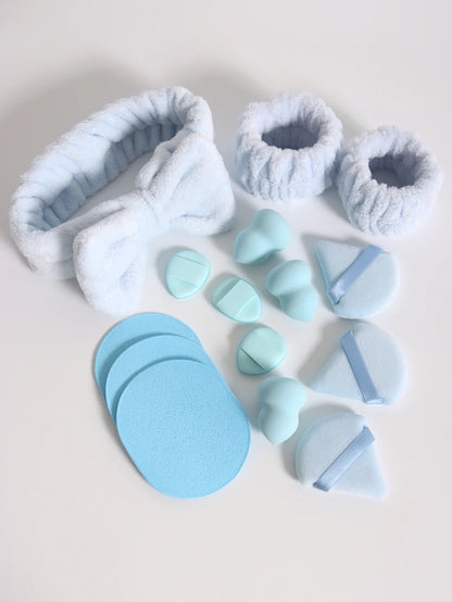 15Pcs Multi-Colored Fluffy Headband & Makeup Sponge Set - Sweet Style Beauty Essentials