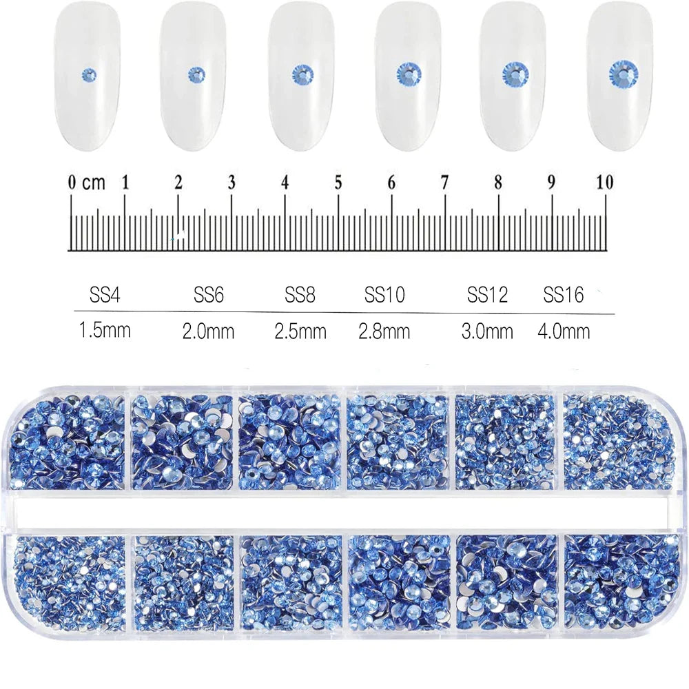 12-Grid 3D Glass AB Crystal Nail Art Rhinestones Kit – Flatback Round Beads with Tools for Nail Jewelry & Diamond Decoration