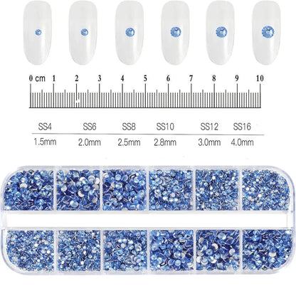 12-Grid 3D Glass AB Crystal Nail Art Rhinestones Kit – Flatback Round Beads with Tools for Nail Jewelry & Diamond Decoration