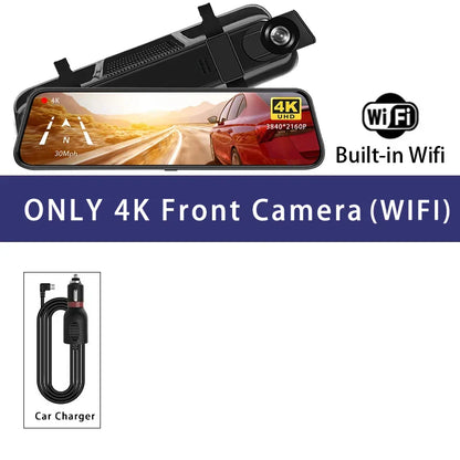 10'' 4K Mirror Dash Cam with GPS & WiFi – Dual Lens Car DVR, IPS Screen, Rearview Streaming Recorder