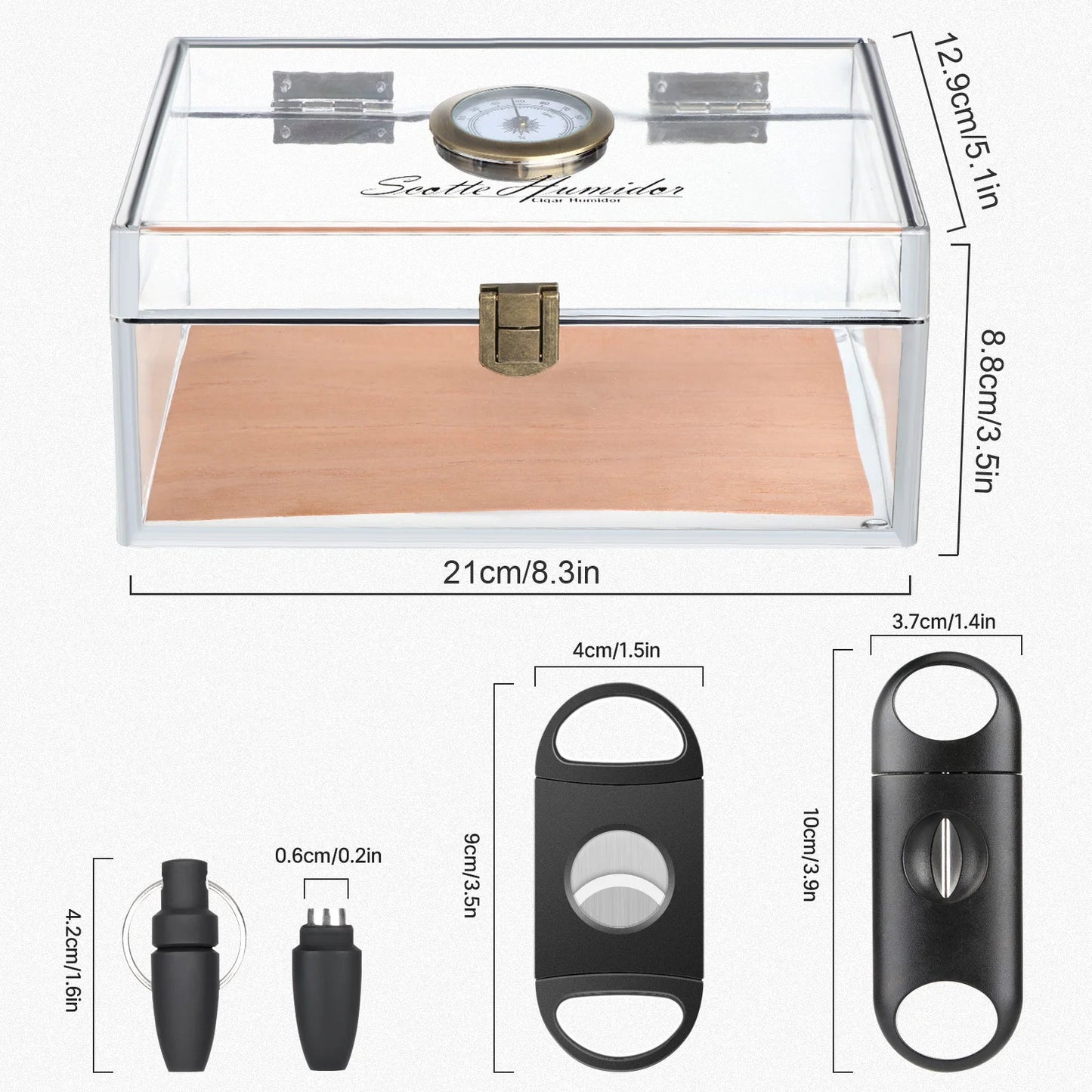 Scotte Acrylic Cigar Case Humidor – Holds 20 Cigars, Includes Hygrometer, Humidifier, Cigar Cutters, Punch & Accessories