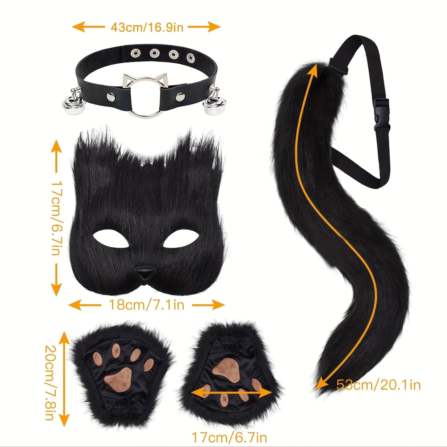 5pcs Fluffy Fur Fox Tail & Cat Paws Gloves Set — Wolf Mask Halloween Cosplay Costume Accessories for Theme Party Dress-Up