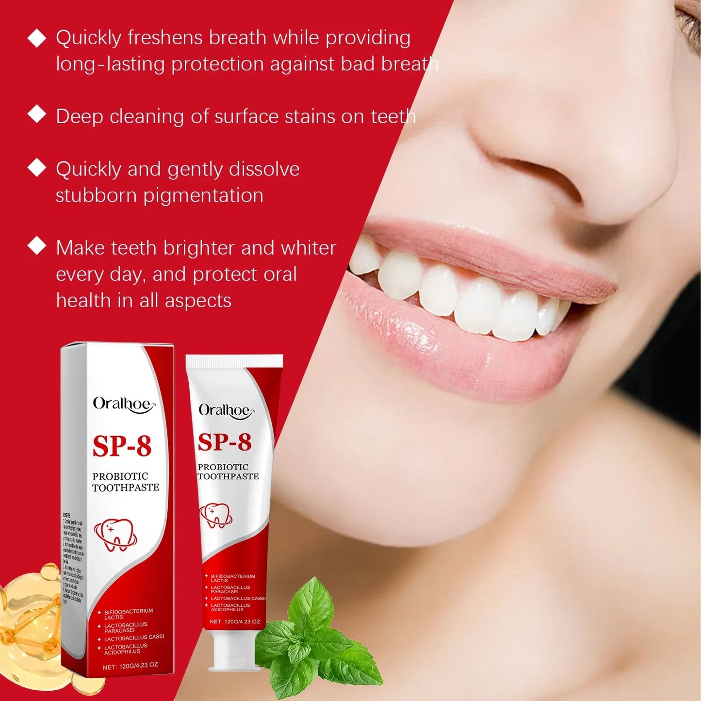 SP-8 Probiotic Whitening Toothpaste – Mint Fresh Breath, Deep Clean, Plaque & Stain Removal for Oral Hygiene
