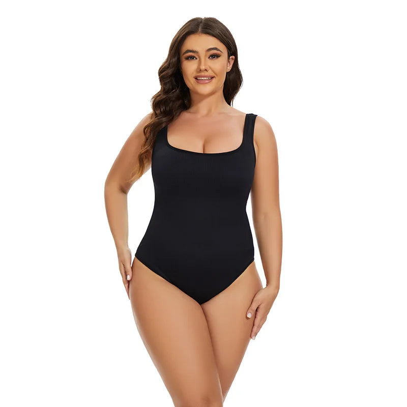 GUUDIA Ribbed Tummy Control Jumpsuit – Light Compression Daily Shaper Bodysuit with Open Crotch Shapewear Design