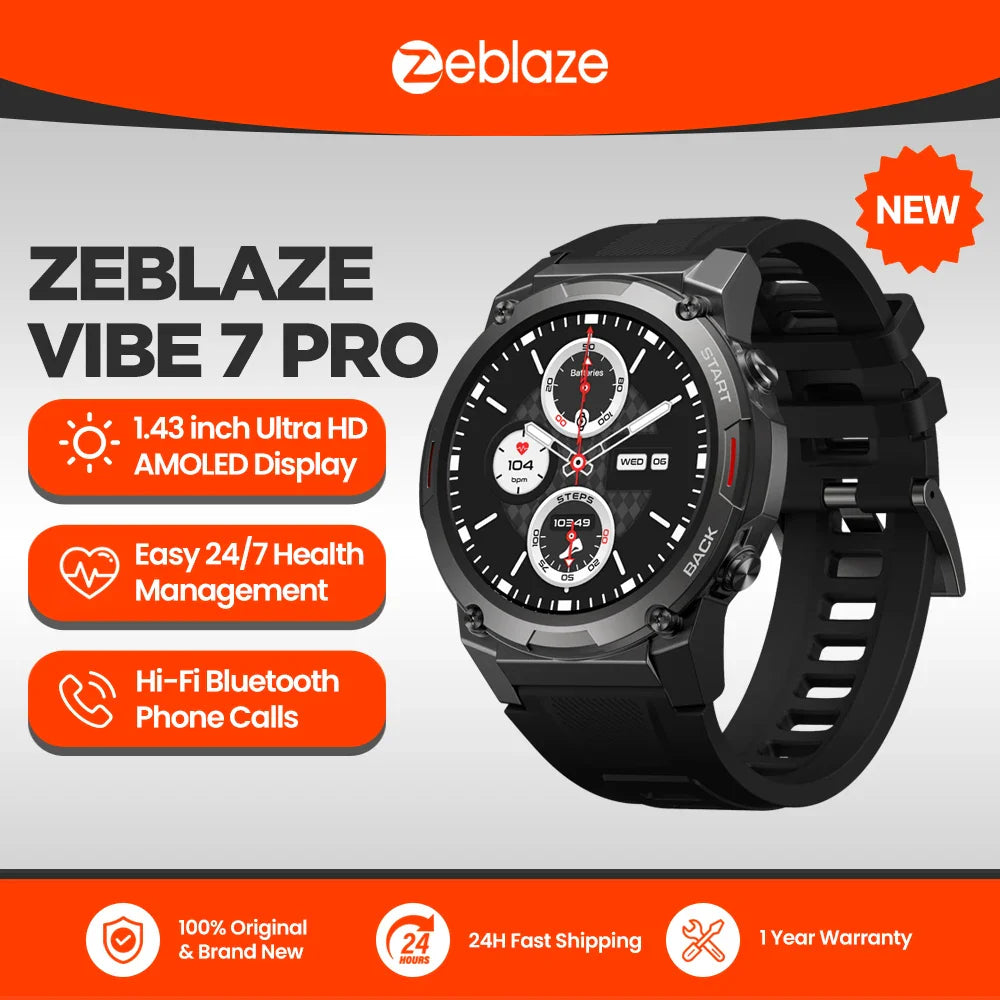 Zeblaze VIBE 7 PRO Smartwatch — 1.43" AMOLED Display, Call Function & Health Management Sports Watch for Men