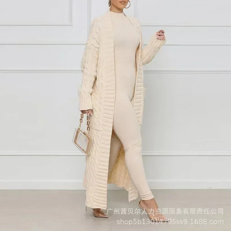 Open Front Cable Knit Longline Cardigan for Women – Long Sleeve, Loose Fit, Casual Fashion Knitwear, Solid Color