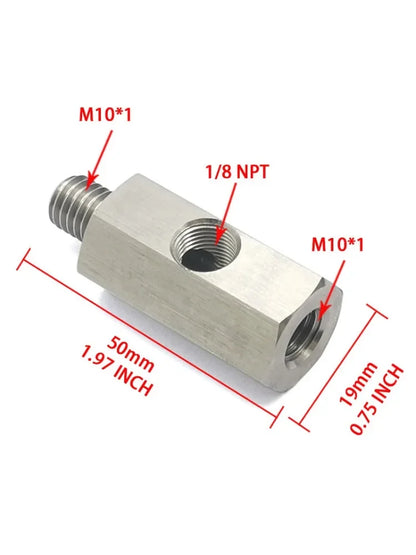 Oil Pressure Sensor Tee Adapter — M10x1.0 to M10x1.0 with 1/8NPT Female Side Holes for Turbo Supply Feed Line Gauge