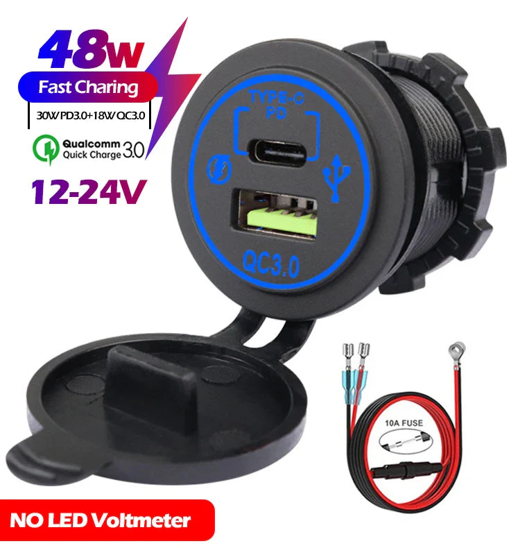 48W Quick Charge 3.0 Waterproof USB Car Charger 12V/24V PD Type-C + QC3.0 Dual USB Fast Charging Socket with LED Voltmeter for Cars, Trucks & Boats