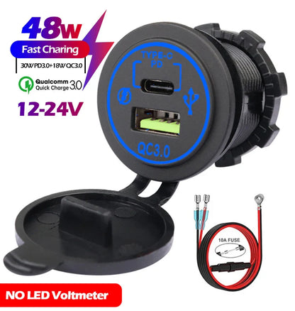 48W Quick Charge 3.0 Waterproof USB Car Charger 12V/24V PD Type-C + QC3.0 Dual USB Fast Charging Socket with LED Voltmeter for Cars, Trucks & Boats